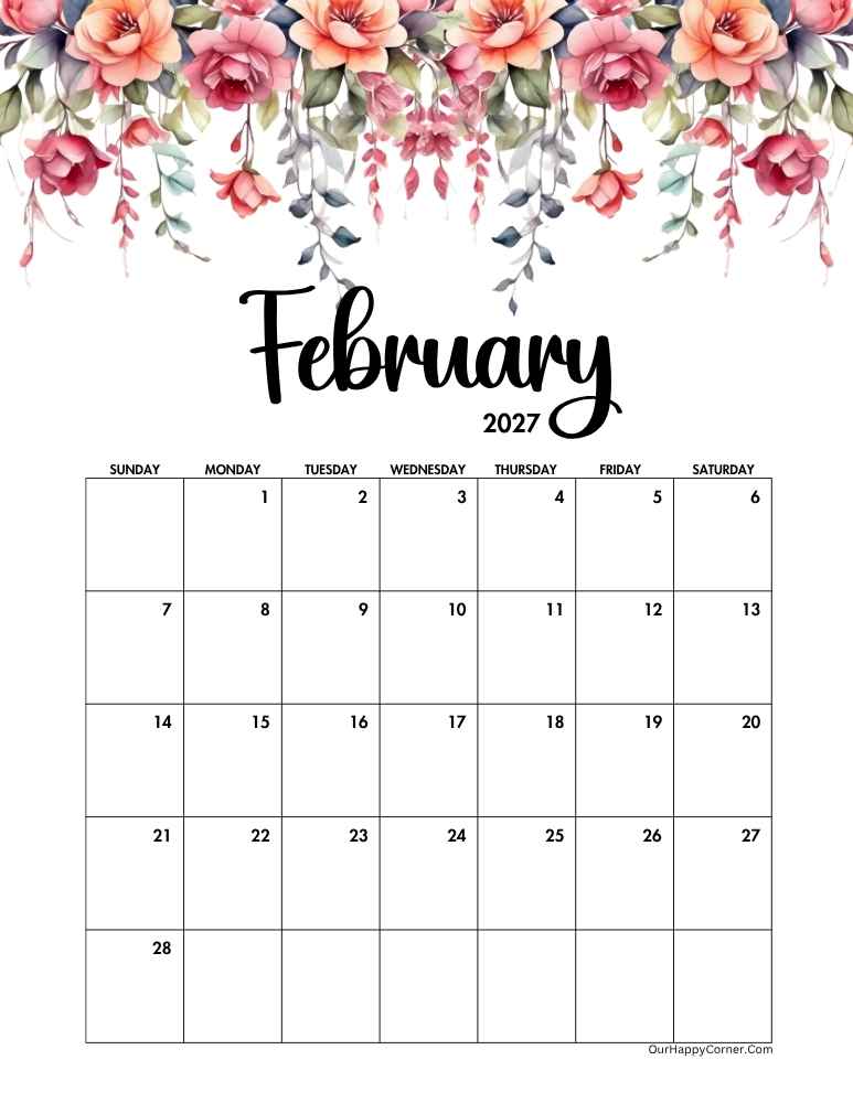 Floral February 2027 calendar printable