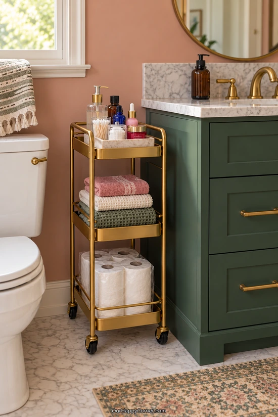 Bathroom organization with a slim brass cart beside a green vanity