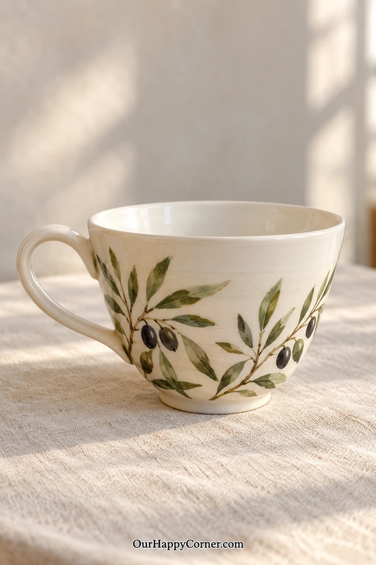 Ceramic cup painting ideas with olive branches on a low ivory teacup
