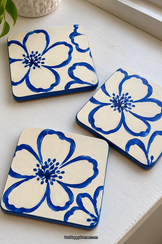 Floral coaster painting ideas featuring cobalt blue outlines on ivory