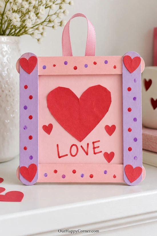Painted craft-stick Valentine frame with paper hearts
