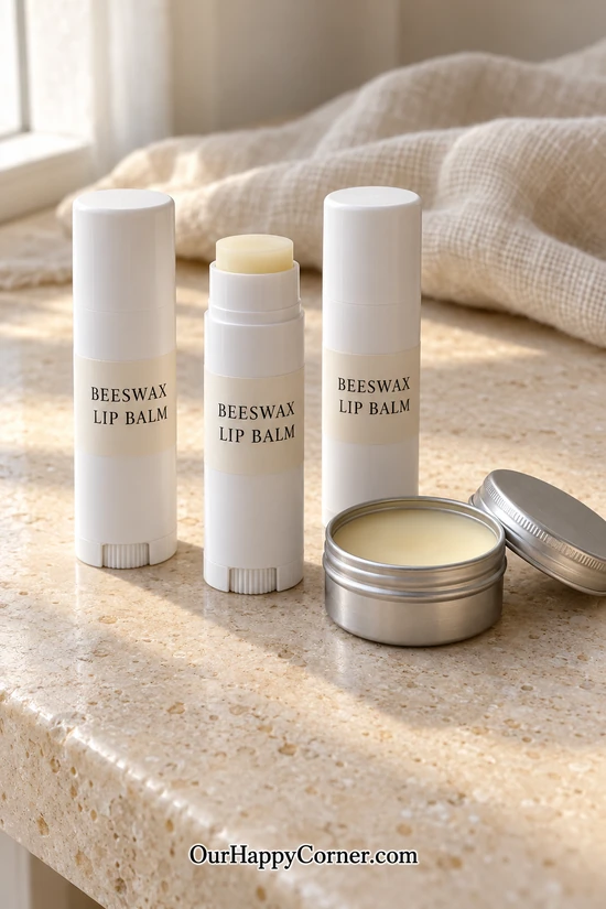 Finished beeswax lip balm packaged in twist-up tubes and a tin
