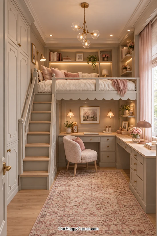 Greige loft with scalloped trim and soft pink textiles