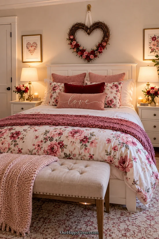 Heart-shaped floral wreath above a pink and white bed