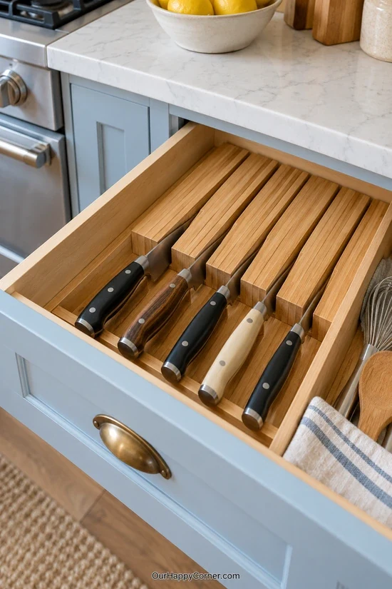 Kitchen knives stored in a fitted wooden drawer insert
