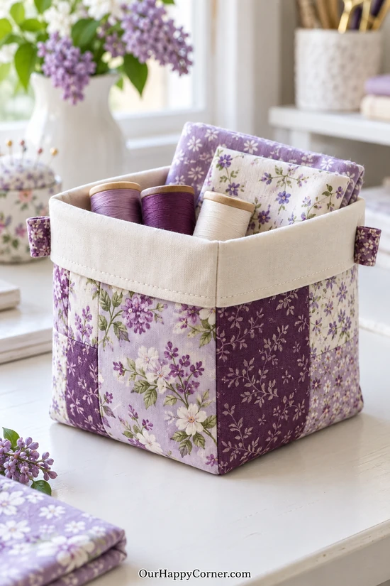 Fabric scraps ideas for storage: lavender floral basket with a cream cuff