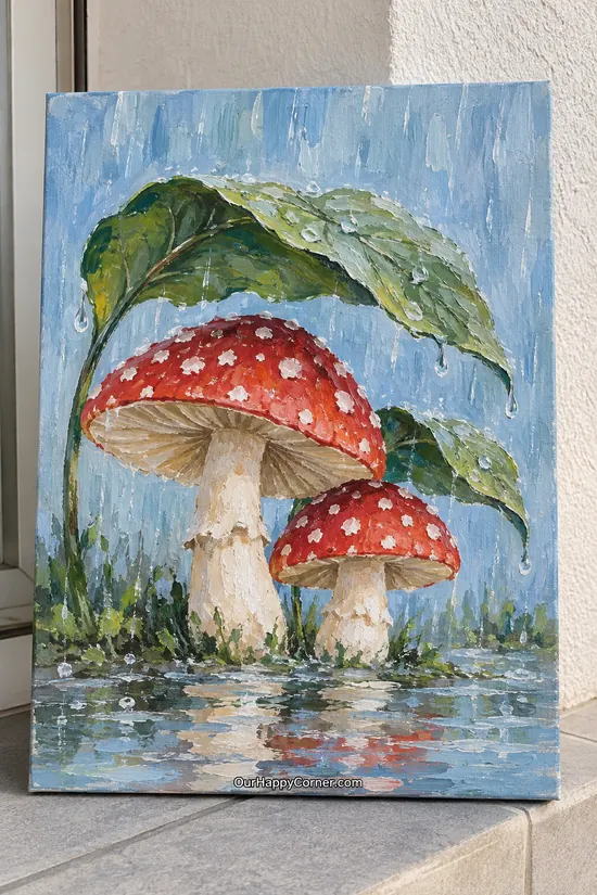 Mushroom painting ideas featuring red toadstools under green leaves in the rain
