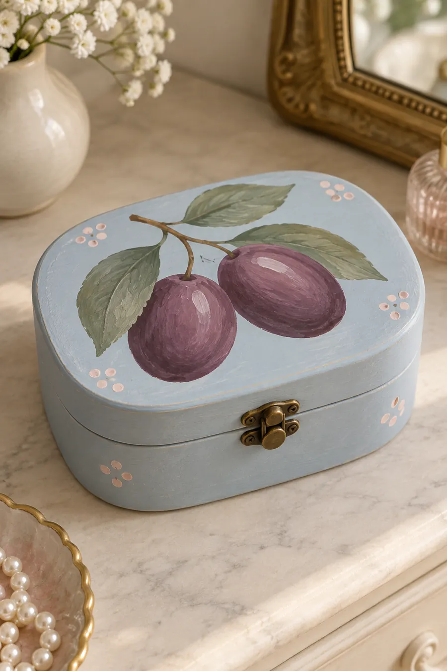 Pale blue jewelry box with two painted purple plums