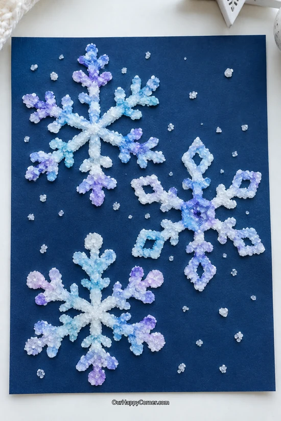 Raised blue and purple salt painted snowflakes