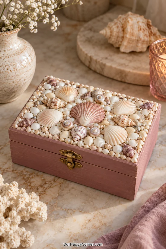 Seashell crafts for adults featuring shell mosaic keepsake box