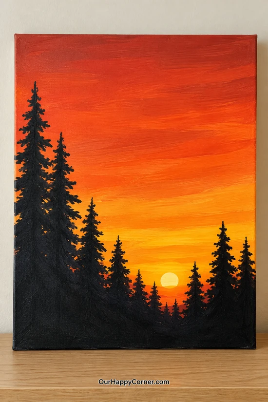Sunset painting ideas featuring pine silhouettes against a fiery sky