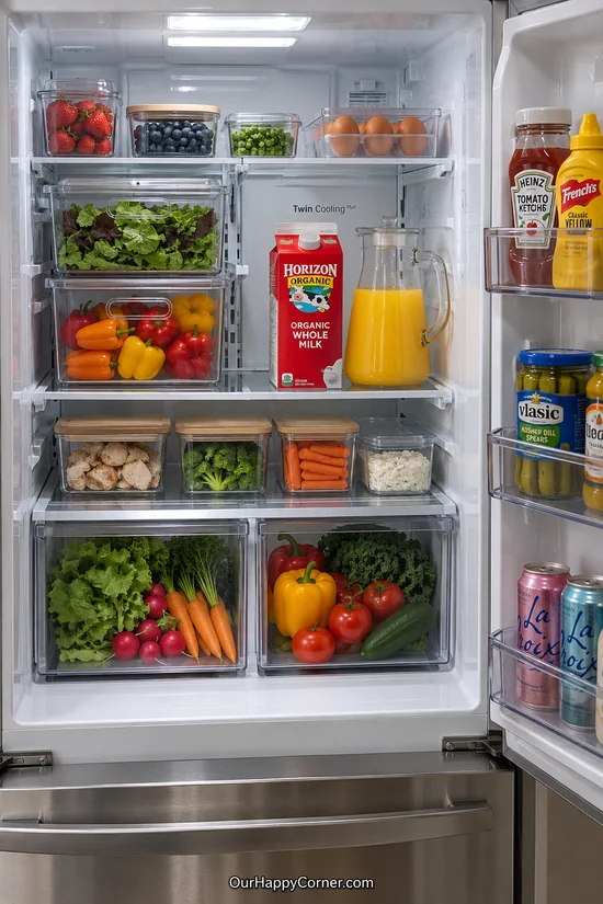 Refrigerator split shelf creating clearance for milk and a juice pitcher