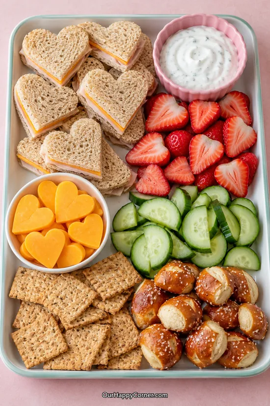 Family Valentine’s charcuterie board with heart sandwiches, cheese, strawberries, cucumber, and pretzels