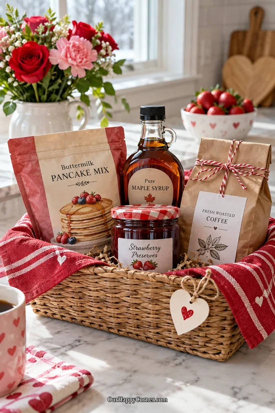 Valentine’s Day gifts with pancake mix, syrup, preserves, and coffee