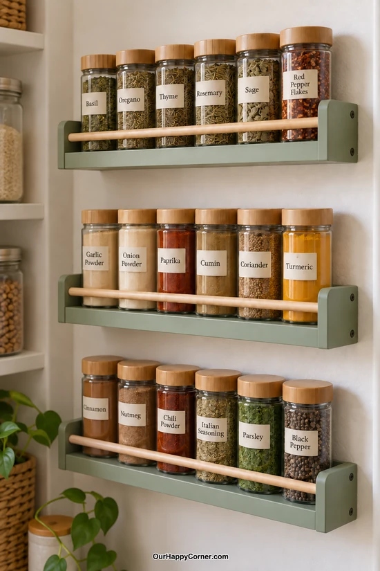 Sage green wall-mounted spice ledges with wooden guard rails