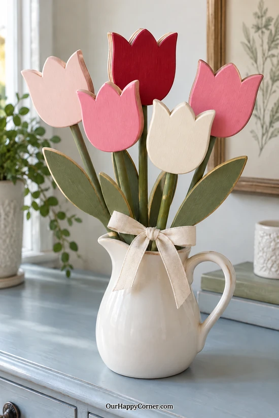 Flat wooden tulips in red, pink, blush, and creamy white arranged in a white pitcher valentine wood crafts