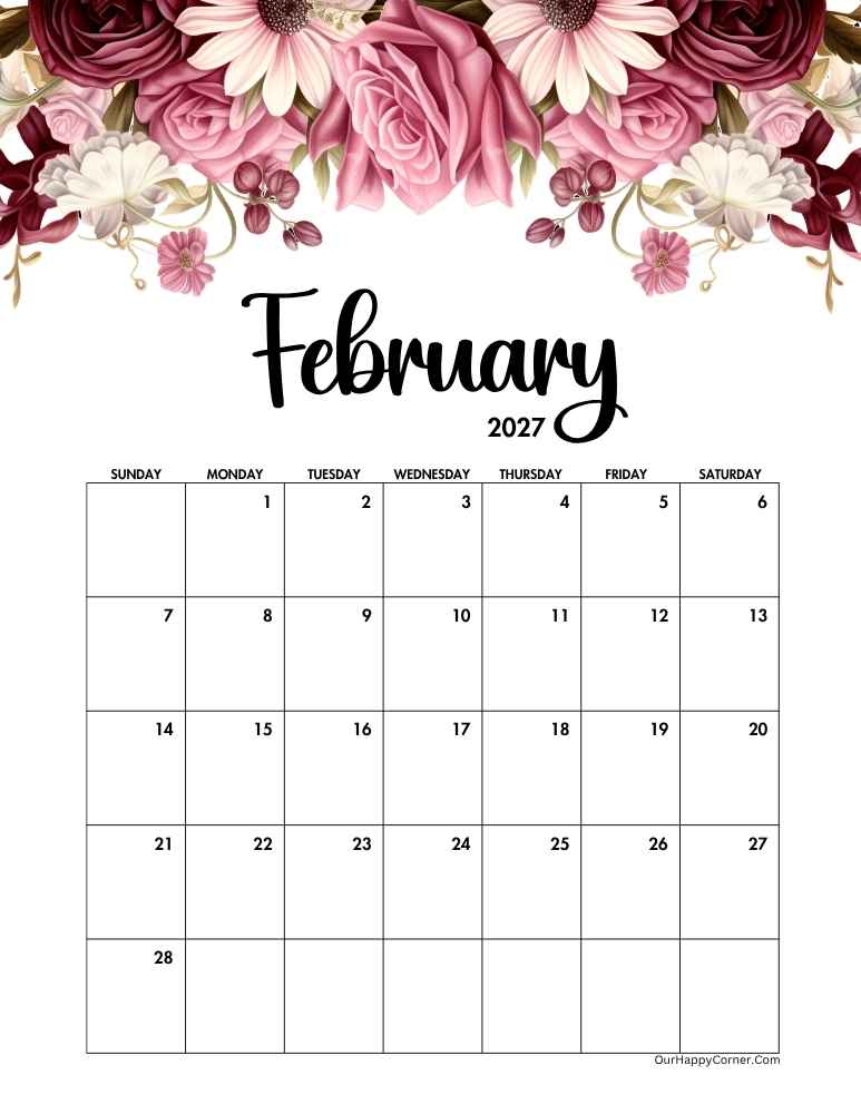 Floral February calendar printable