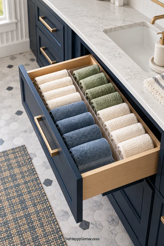 Cream, blue, and sage towels folded upright in a navy vanity drawer
