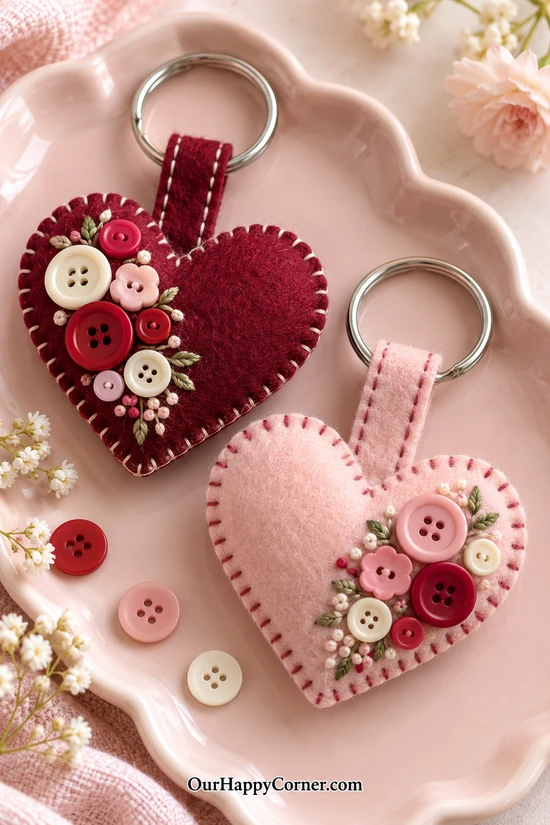 Burgundy and blush felt heart keychains with sewn buttons