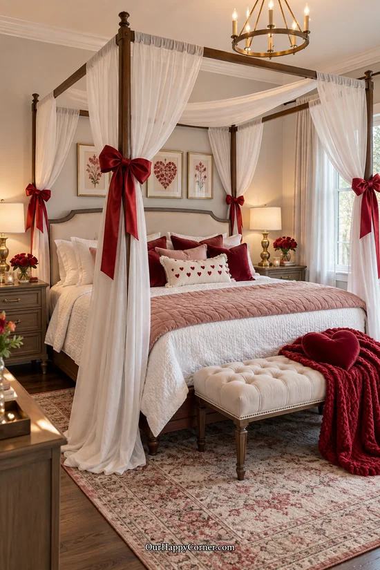 Red satin bows decorating a white bedroom canopy
