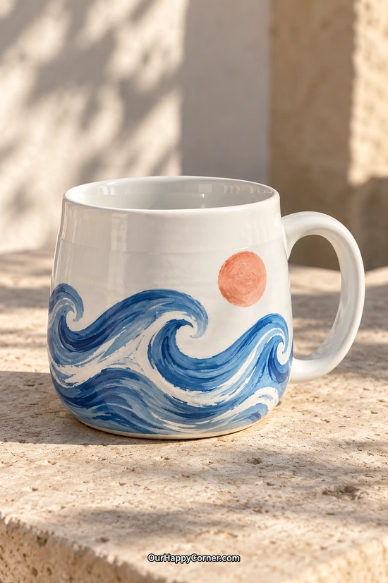 Rounded white ceramic mug painted with blue ocean waves and a coral sun