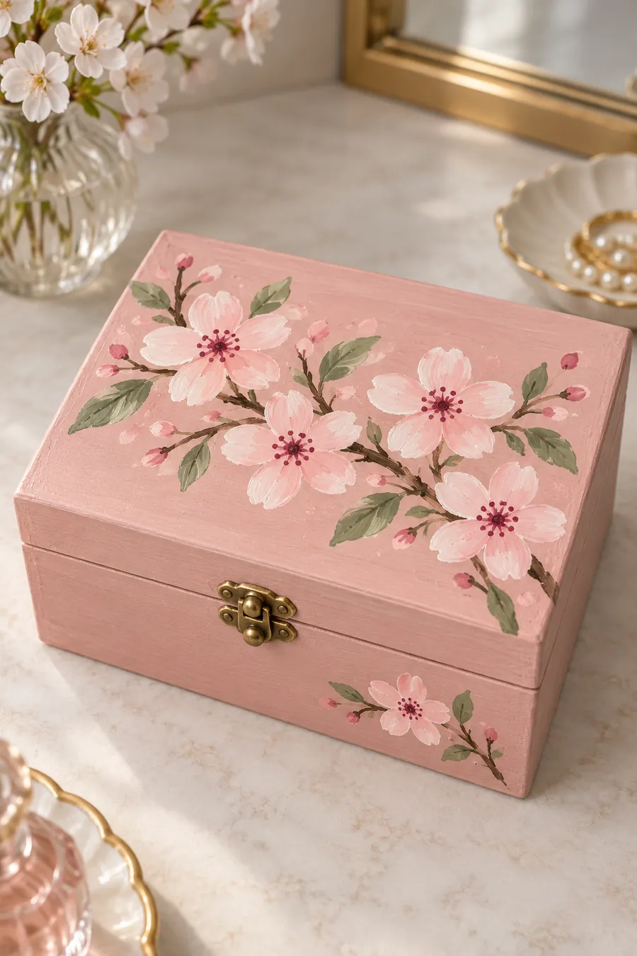 Blush jewelry box with a painted cherry blossom branch