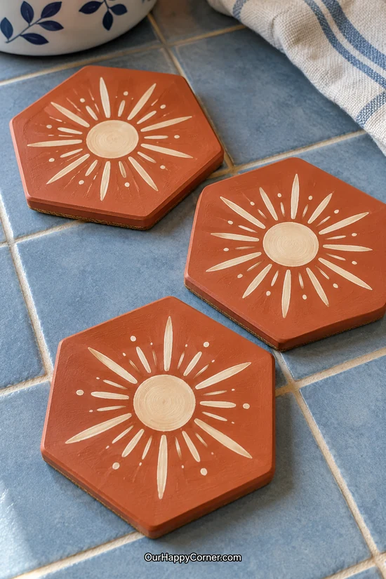 Terracotta hexagonal coasters painted with cream sunbursts