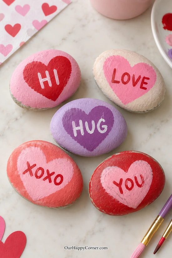Smooth stones painted with colorful hearts and Valentine messages
