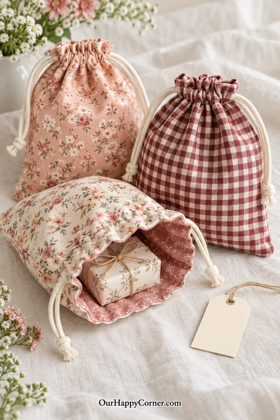 Floral and burgundy gingham drawstring gift bags with cotton ties