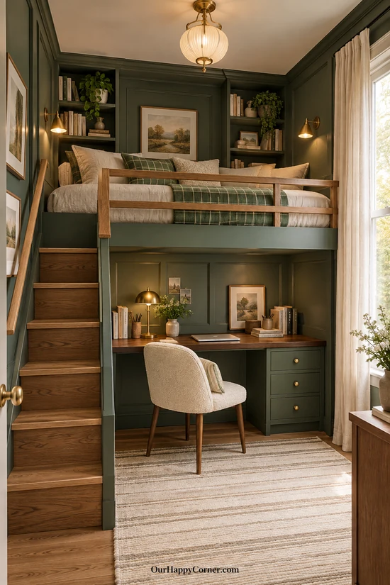 Forest green loft bedroom with checked linen accents and oak details