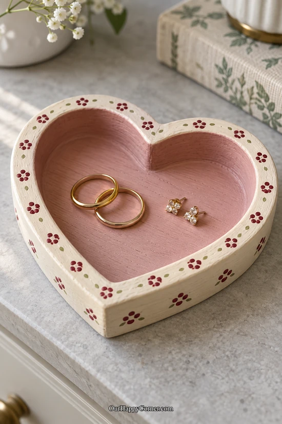 Pink and ivory wooden heart ring dish with tiny burgundy flowers around its rim valentine wood crafts