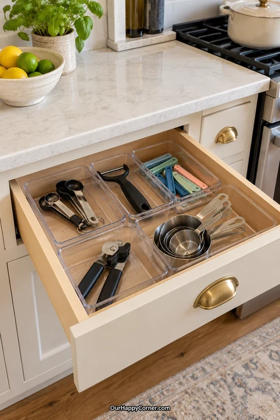 Small kitchen gadgets sorted into divided drawer bins