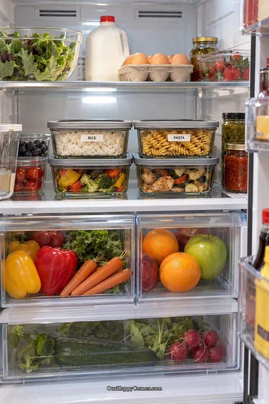 Matching shallow glass containers of rice, pasta, chicken, and vegetables fridge organization ideas