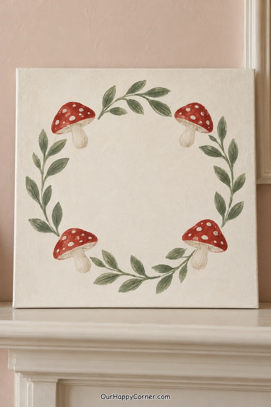 A wreath of red mushrooms and sage sprigs