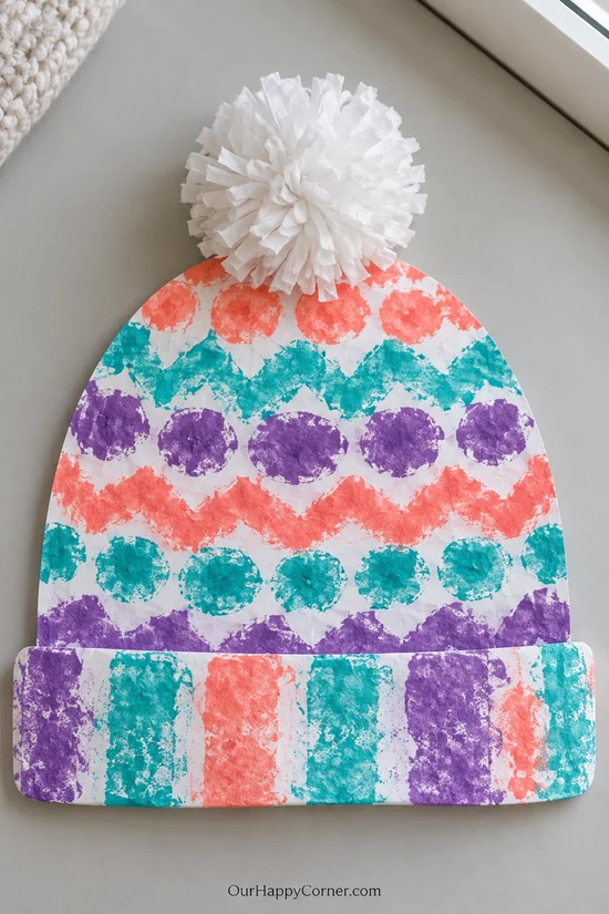Sponge stamped paper winter hat with tissue pompom