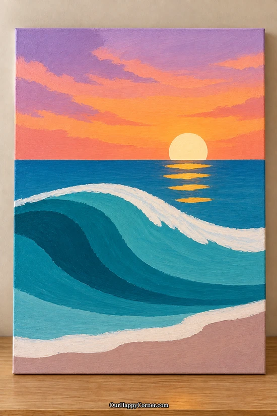 A Stylized Wave Under a Pastel Sunset painting on canvas