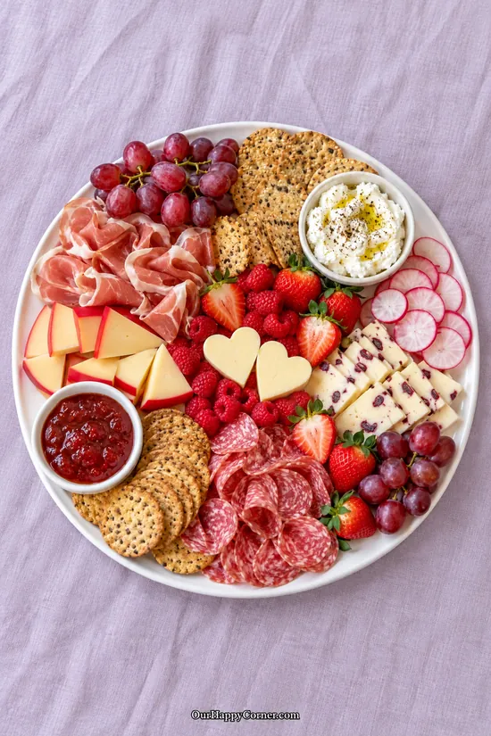 Prosciutto, cranberry cheese, red-wax Gouda, berries, radishes, crackers, and whipped goat cheese