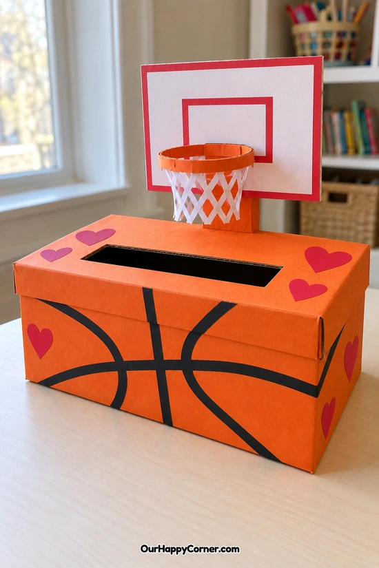 Orange basketball box with a decorative paper hoop