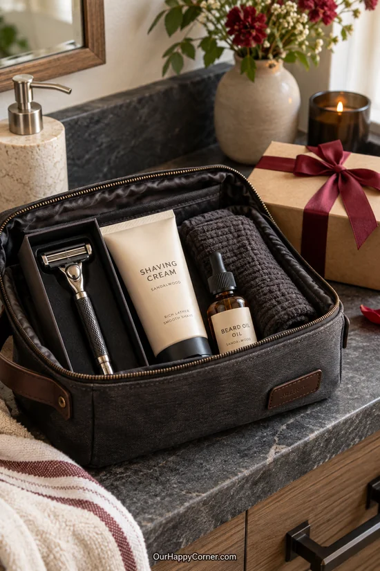 Grooming gift kit with a razor, shaving cream, and beard oil