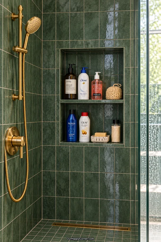 Bathroom organization with mixed toiletries in a raised emerald shower niche
