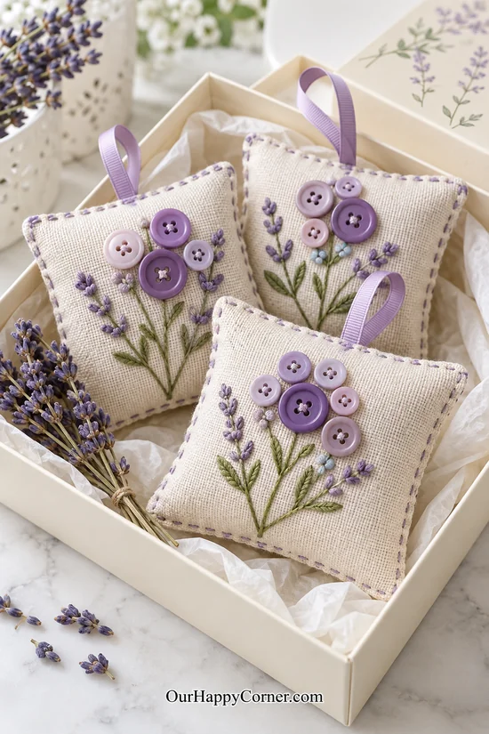 Lavender linen sachets with purple button flowers