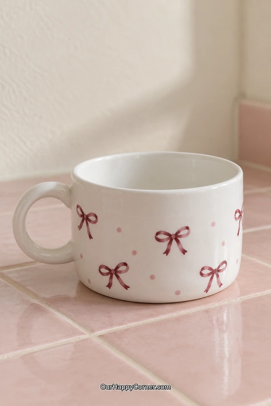 Ceramic cup painting ideas with burgundy bows and pale pink dots