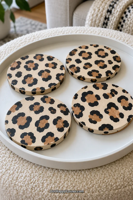 Leopard print coaster painting ideas in cream, tan, and black