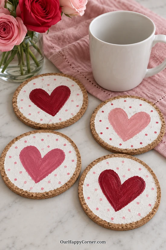 Heart Cork Coasters in red and pink Valentine colors
