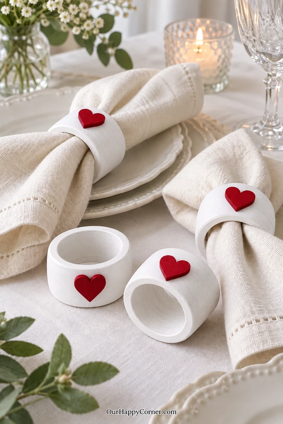 White wooden napkin rings with cherry red heart decorations holding ivory linen napkins valentine wood crafts