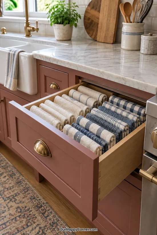 Dish towels folded upright in an organized kitchen drawer