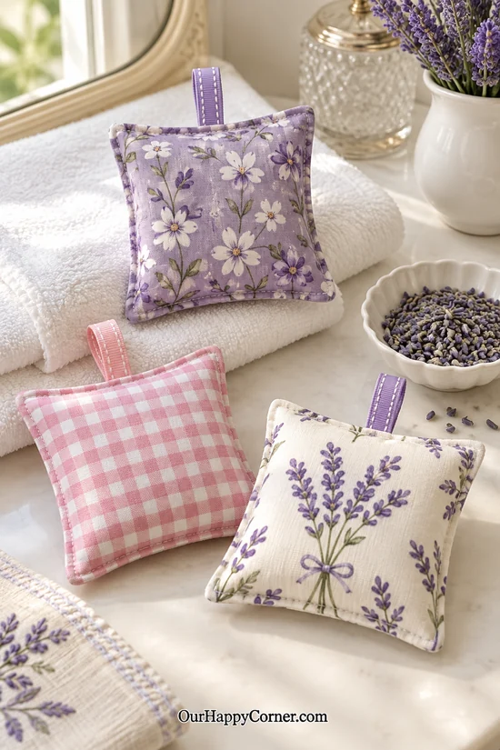 Three small lavender sachets in lilac floral, pink gingham, and lavender sprig prints fabric scraps ideas
