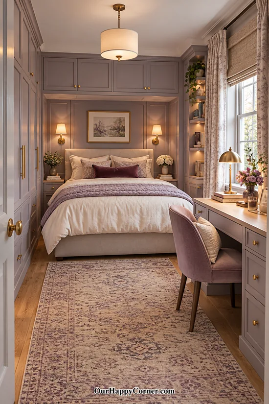 Lilac bedroom alcove with plum accents and a coordinating desk