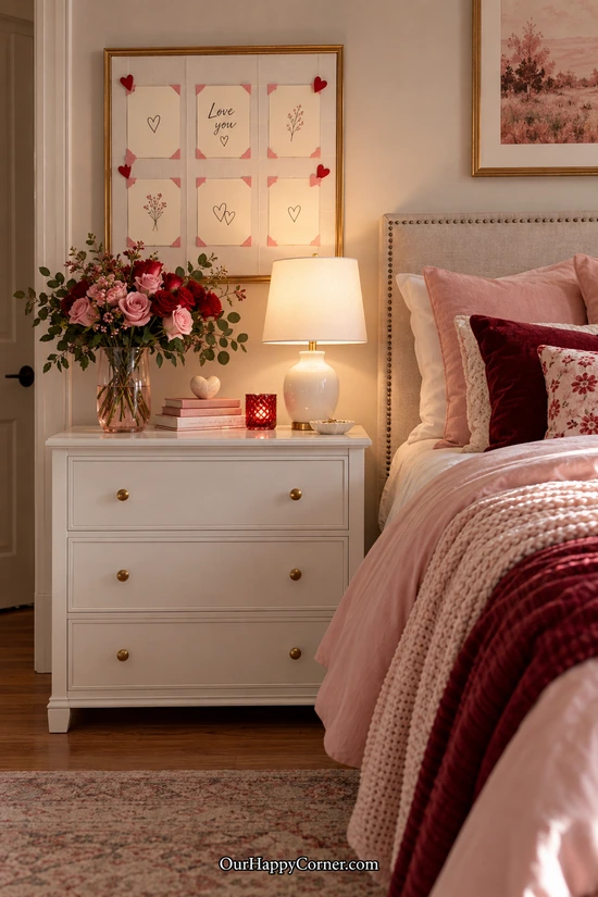 Handwritten love notes displayed above a bedroom dresser