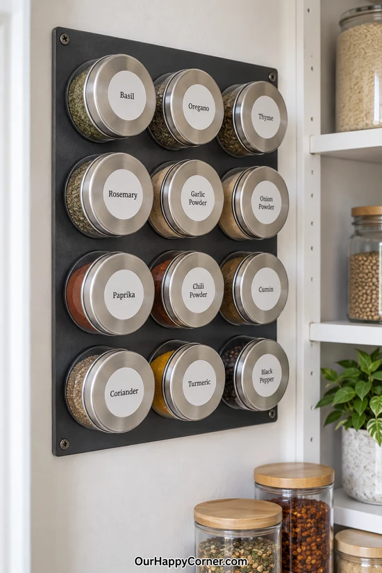 Round magnetic spice tins arranged on a black panel beside pantry shelves